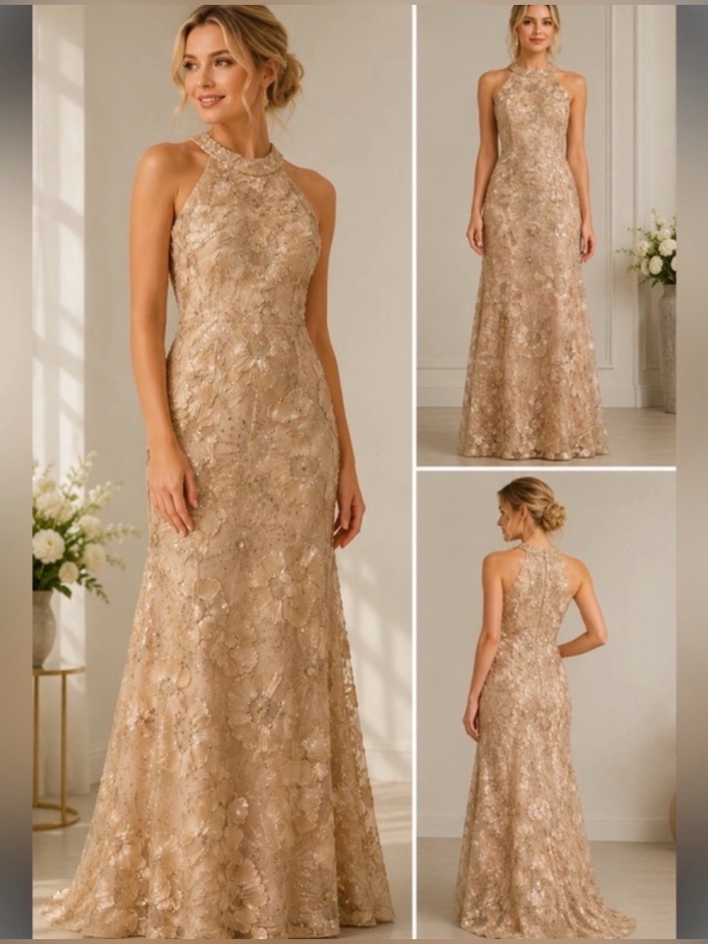 New Betsy & Adam Sequin Floral Sleeveless Gown In Champagne Size 6 $279